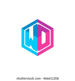 Initial letters WO hexagon box shape logo blue pink purple