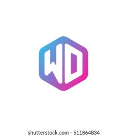 Initial letters WO rounded hexagon shape blue pink purple simple modern logo