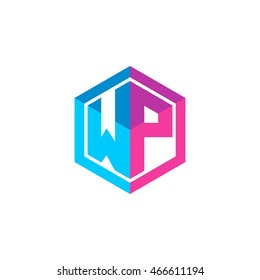 Initial letters WP hexagon box shape logo blue pink purple