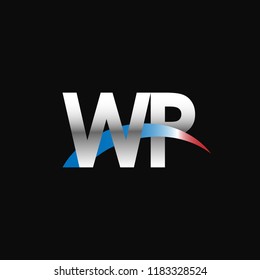 Initial letters WP overlapping movement swoosh logo, metal silver blue red color on black background