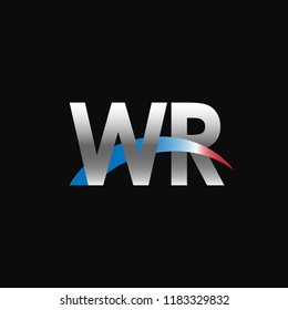 Initial letters WR overlapping movement swoosh logo, metal silver blue red color on black background