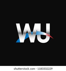 Initial letters WU overlapping movement swoosh logo, metal silver blue red color on black background