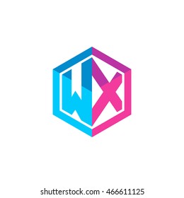 Initial letters WX hexagon box shape logo blue pink purple