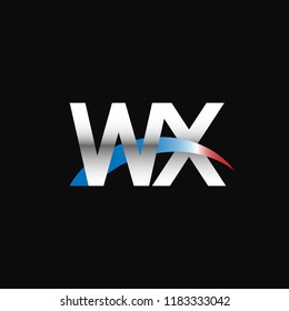 Initial letters WX overlapping movement swoosh logo, metal silver blue red color on black background