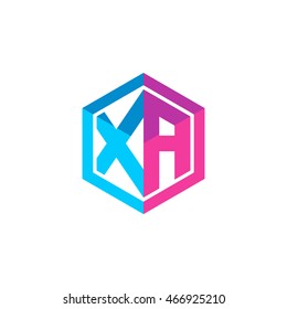 Initial letters XA hexagon box shape logo blue pink purple