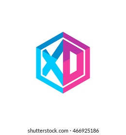 Initial letters XD, XO, hexagon box shape logo blue pink purple