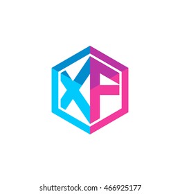 Initial letters XF hexagon box shape logo blue pink purple