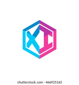 Initial letters XI hexagon box shape logo blue pink purple
