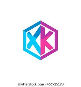 Initial letters XK hexagon box shape logo blue pink purple