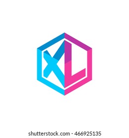 Initial letters XL hexagon box shape logo blue pink purple