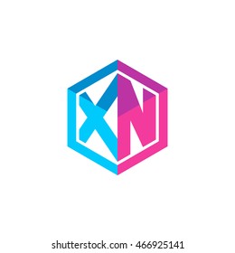 Initial letters XN hexagon box shape logo blue pink purple