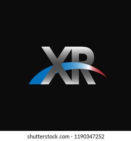 Initial letters XR overlapping movement swoosh logo, metal silver blue red color on black background
