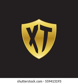 Initial letters XT shield shape gold logo