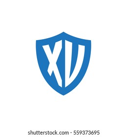 Initial letters XU, XV, shield shape blue simple logo