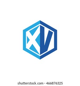 Initial letters XV negative space hexagon shape logo blue