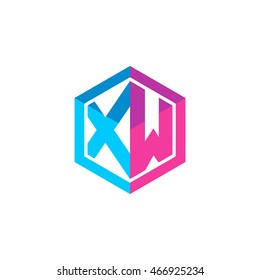 Initial letters XW hexagon box shape logo blue pink purple