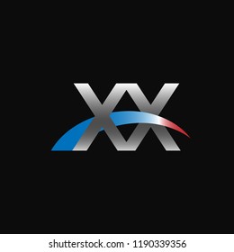 Initial letters XX overlapping movement swoosh logo, metal silver blue red color on black background