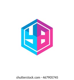 Initial letters YB hexagon box shape logo blue pink purple