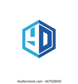 Initial letters YD, YO, negative space hexagon shape logo blue