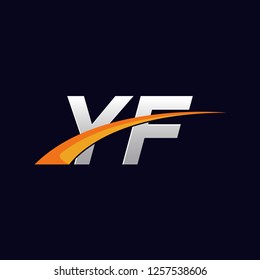 Initial letters YF vector illustrations designs overlapping with orange swoosh vector for company or factory logo on blue dark background.