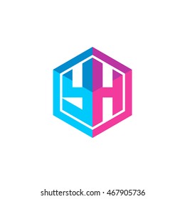 Initial letters YH hexagon box shape logo blue pink purple