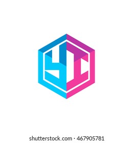 Initial letters YI hexagon box shape logo blue pink purple