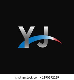 Initial letters YJ overlapping movement swoosh logo, metal silver blue red color on black background