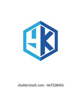 Initial letters YK negative space hexagon shape logo blue