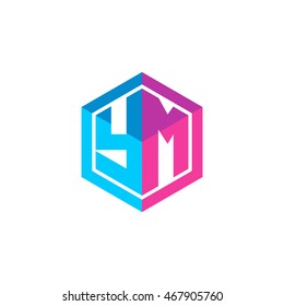 Initial letters YM hexagon box shape logo blue pink purple