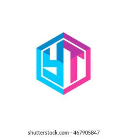 Initial letters YT hexagon box shape logo blue pink purple