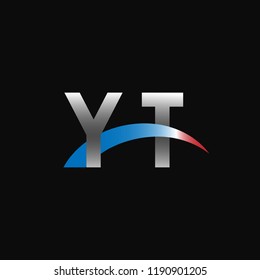 Initial letters YT overlapping movement swoosh logo, metal silver blue red color on black background