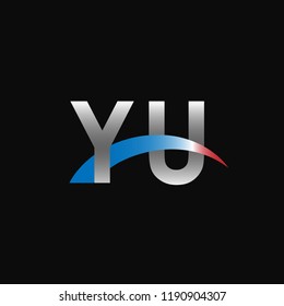 Initial letters YU overlapping movement swoosh logo, metal silver blue red color on black background