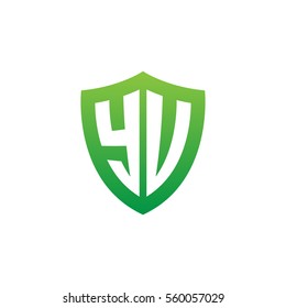 Initial letters YU, YV, shield shape green simple logo