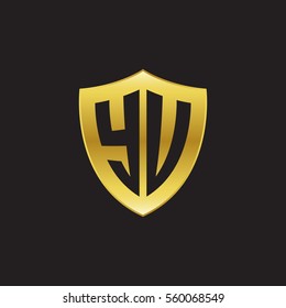Initial letters YU, YV, shield shape gold logo