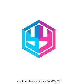 Initial letters YY hexagon box shape logo blue pink purple
