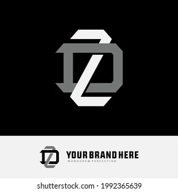 Initial letters Z, D, ZD or DZ overlapping, interlocked monogram logo, white and gray color on black background