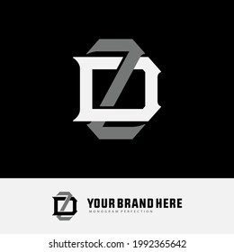Initial letters Z, D, ZD or DZ overlapping, interlocked monogram logo, white and gray color on black background
