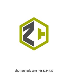 Initial letters ZC negative space hexagon shape logo green black gray