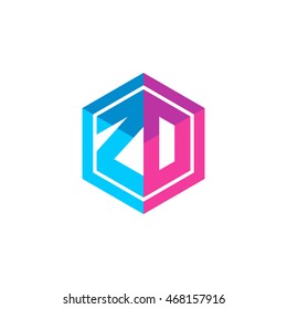 Initial letters ZD, ZO, hexagon box shape logo blue pink purple