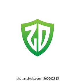 Initial letters ZD, ZO, shield shape green simple logo