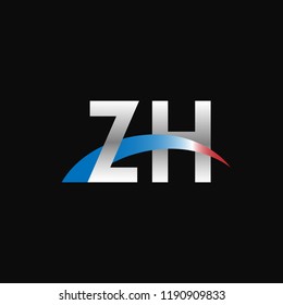 Initial letters ZH overlapping movement swoosh logo, metal silver blue red color on black background