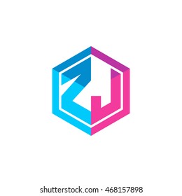 Initial letters ZJ hexagon box shape logo blue pink purple