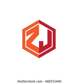 Initial letters ZJ hexagon shape logo red orange