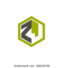 Initial letters ZJ negative space hexagon shape logo green black gray
