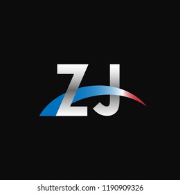 Initial letters ZJ overlapping movement swoosh logo, metal silver blue red color on black background