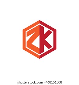 Initial letters ZK hexagon shape logo red orange