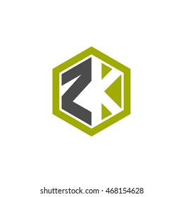 Initial letters ZK negative space hexagon shape logo green black gray