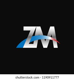Initial letters ZM overlapping movement swoosh logo, metal silver blue red color on black background