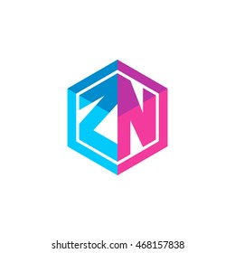 Initial letters ZN hexagon box shape logo blue pink purple