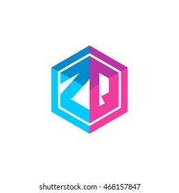 Initial letters ZQ hexagon box shape logo blue pink purple